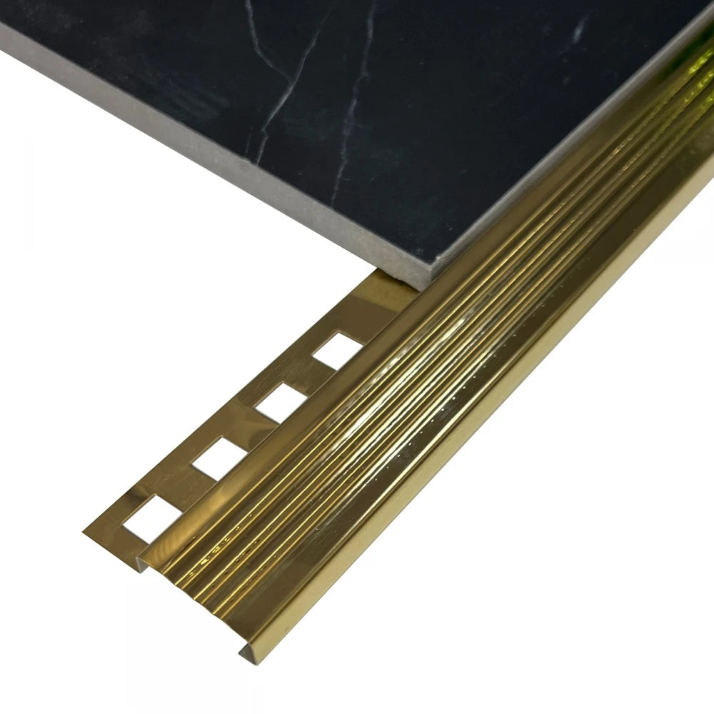 Profil pentru trepte inox, terminatie gresie 10x30 mm, auriu oglinda, antiderapant