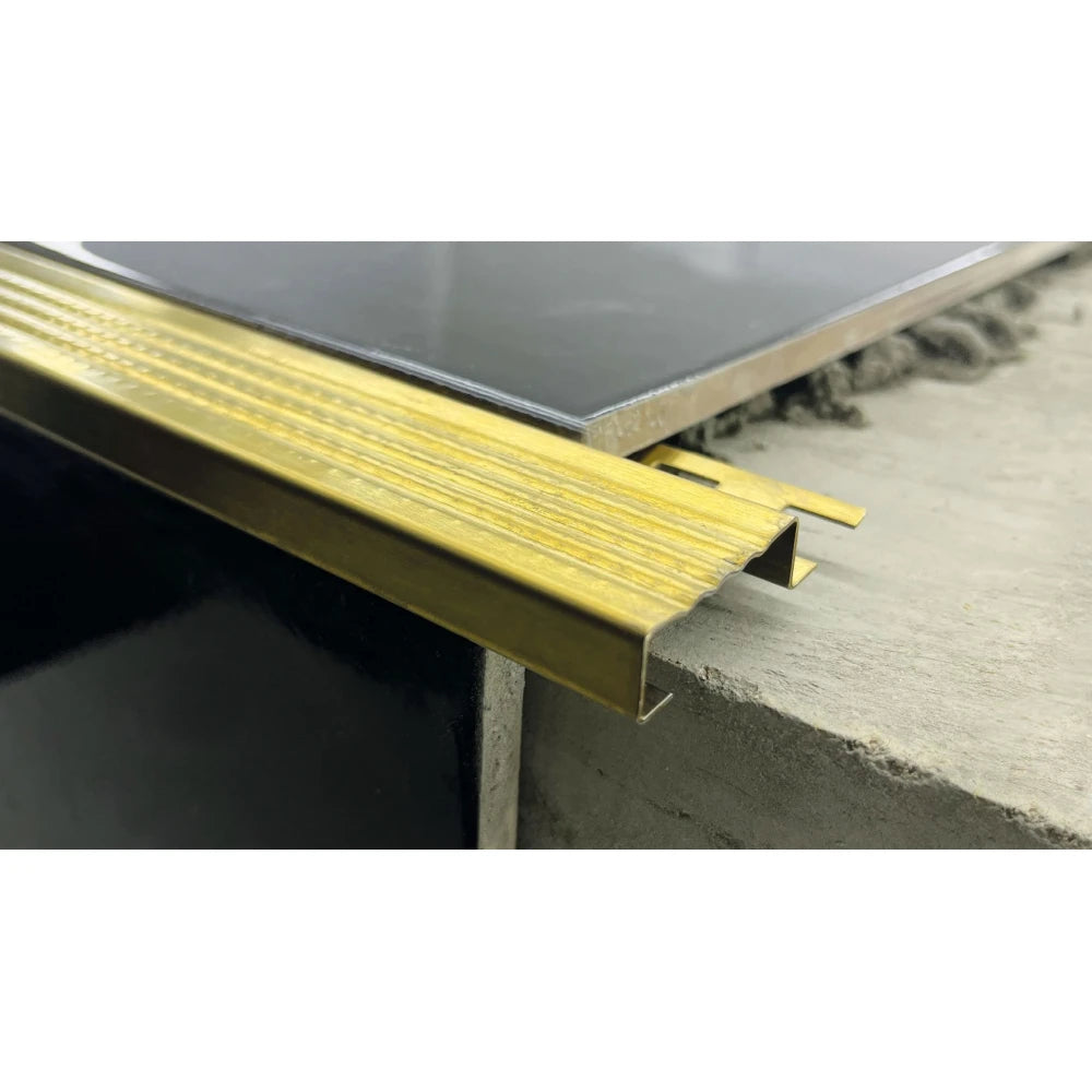 Profil pentru trepte inox, terminatie gresie, 10x30 mm, auriu brush, antiderapant
