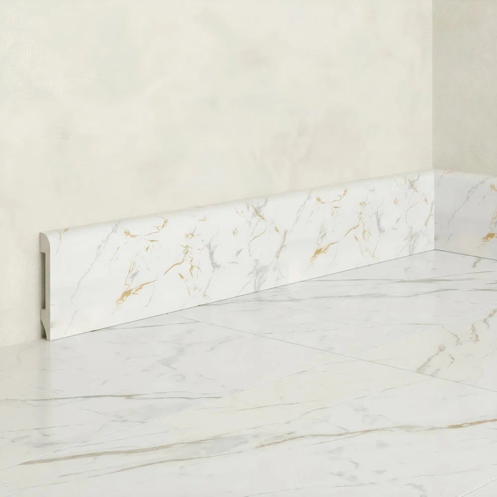 Plinta decorativa Gold White WP08 14x79x2000 mm, aspect marmura Calacatta Gold din Polimer Dur