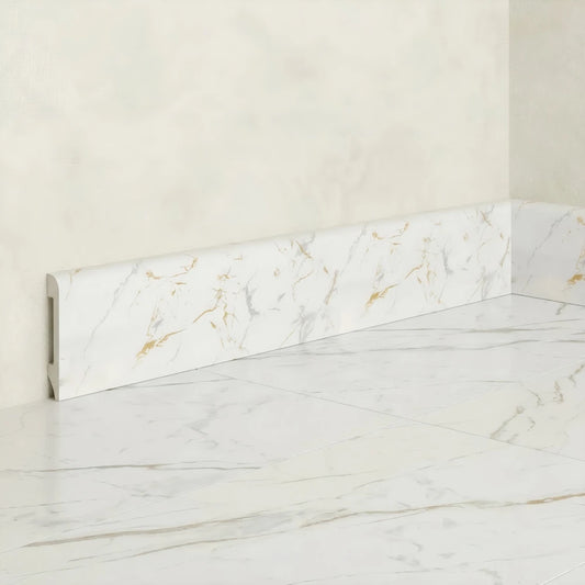 Plinta decorativa Gold White WP08 14x79x2000 mm, aspect marmura Calacatta Gold din Polimer Dur